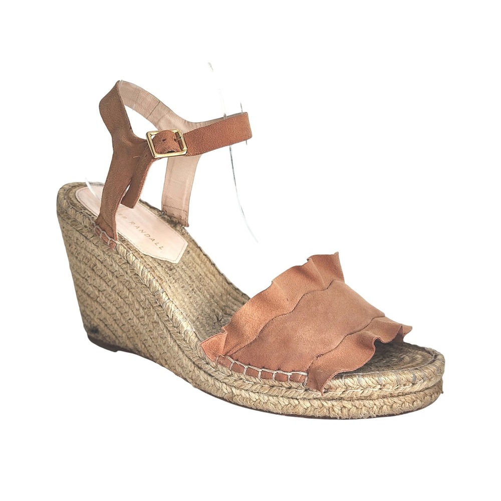 Loeffler Randall Tan Suede Ruffle Espadrille Wedge Sandals Ankle Strap 9.5 10